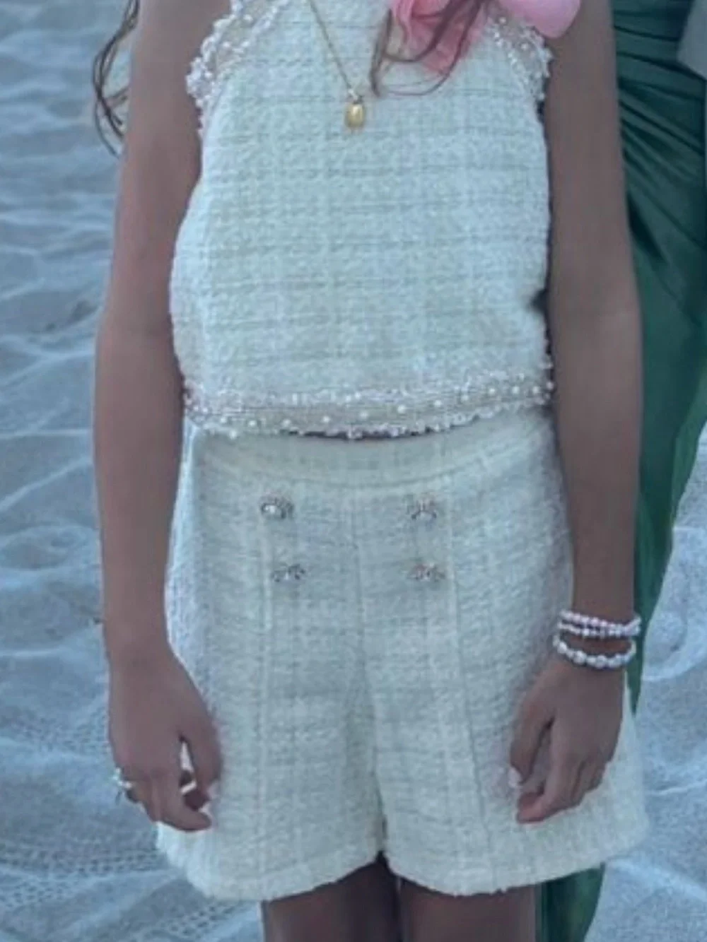 Girls Cream Tweed Halter Top & Shorts Set with Pink Bow